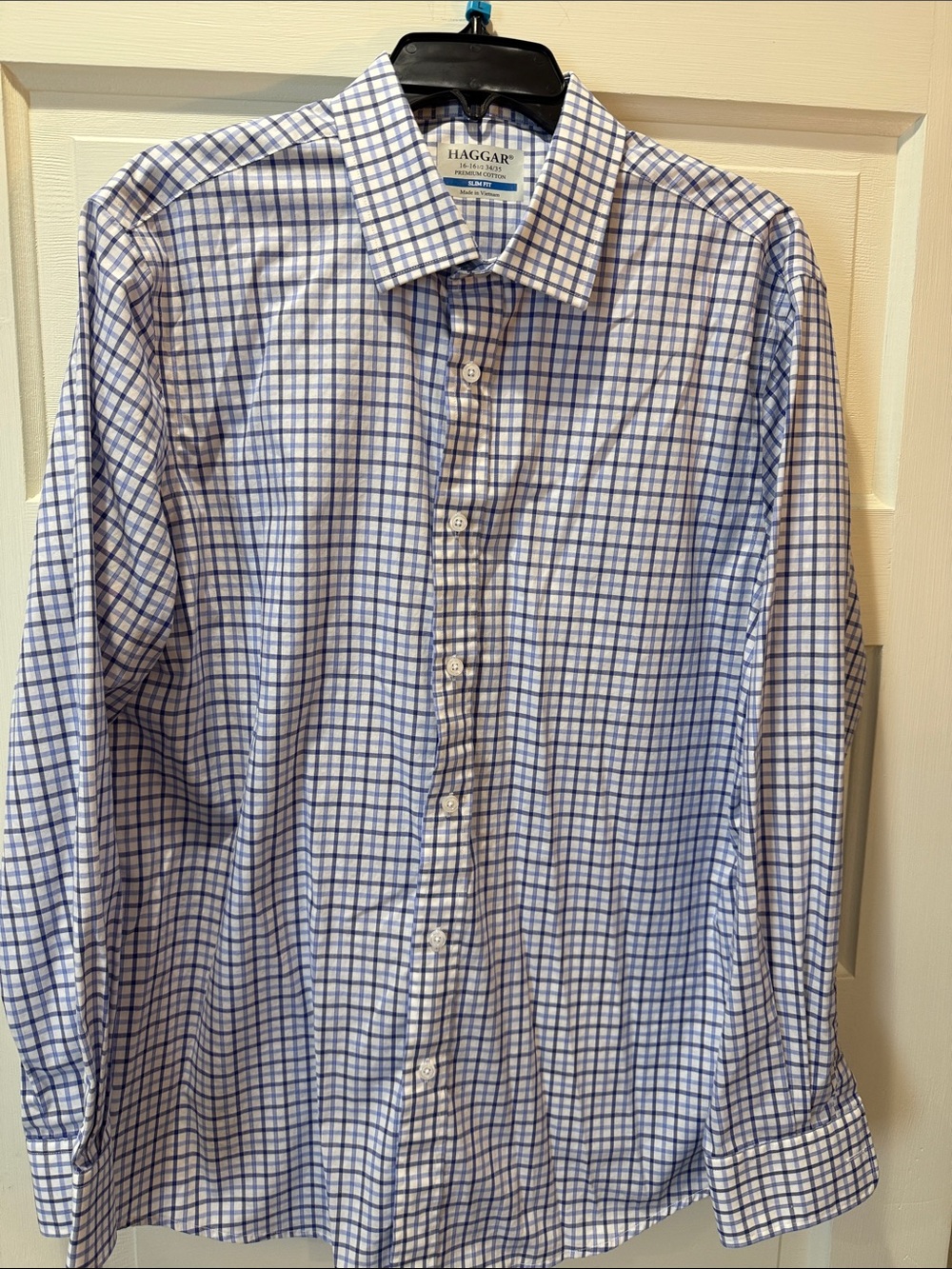 Haggar Men's White Dress Shirt with Blue Windowpane Check